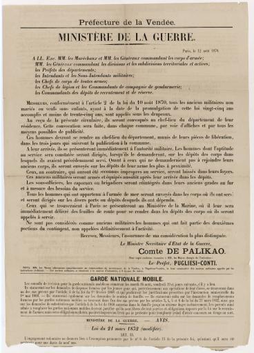 Préfecture de la Vendée. Ministère de la guerre. [Appel sous les drapeaux des anciens militaires], 12 août 1870.